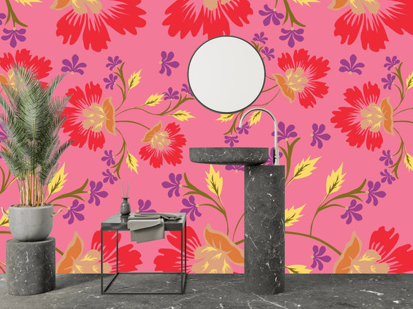Colorful Floral, Pink Background Wallpaper, Seamless Pattern Mural, Oversized Custom Size Wall Art, Non - Woven, Non - Adhesive, Modern Wall Paper, Removable - Adawall Wallpaper - Registered Trade Accounts Only, Wallpaper Wholesale Account - W78008 - Adawall Wholesale - Wallpaper Wholesaler