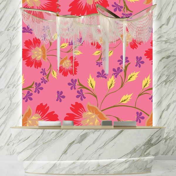 Colorful Floral, Pink Background Wallpaper, Seamless Pattern Mural, Oversized Custom Size Wall Art, Non - Woven, Non - Adhesive, Modern Wall Paper, Removable - Adawall Wallpaper - Registered Trade Accounts Only, Wallpaper Wholesale Account - W78008 - Adawall Wholesale - Wallpaper Wholesaler