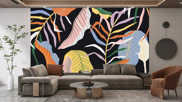 Colorful Leaves Wallpaper, Dark Background Mural, Oversized Custom Size Wall Art, Non - Woven, Non - Adhesive, Modern Wall Paper, Removable - Adawall Wallpaper - Registered Trade Accounts Only, Wallpaper Wholesale Account - W77729 - Adawall Wholesale - Wallpaper Wholesaler