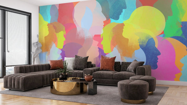 Colorful People Silhouettes Wallpaper, Seamless Pattern Mural, Oversized Custom Size Wall Art, Non - Woven, Non - Adhesive, Modern Wall Paper, Removable - Adawall Wallpaper - Registered Trade Accounts Only, Wallpaper Wholesale Account - W78197 - Adawall Wholesale - Wallpaper Wholesaler