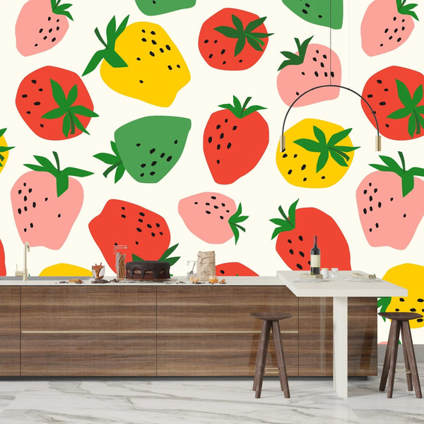 Colorful Strawberries Wallpaper, Seamless Pattern Mural, Oversized Custom Size Wall Art, Non - Woven, Non - Adhesive, Modern Wall Paper, Removable - Adawall Wallpaper - Registered Trade Accounts Only, Wallpaper Wholesale Account - W78064 - Adawall Wholesale - Wallpaper Wholesaler