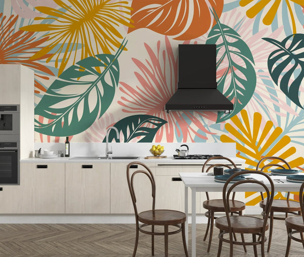 Colorful Tropical Leaves Wallpaper, Seamless Pattern Mural, Oversized Custom Size Wall Art, Non - Woven, Non - Adhesive, Modern Wall Paper, Removable - Adawall Wallpaper - Registered Trade Accounts Only, Wallpaper Wholesale Account - W77733 - Adawall Wholesale - Wallpaper Wholesaler