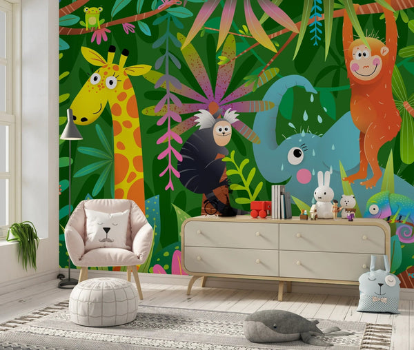 Colorful Wild Animals Wallpaper, African Jungle Mural, Oversized Custom Size Wall Art, Non - Woven, Non - Adhesive, Modern Wall Paper, Removable - Adawall Wallpaper - Registered Trade Accounts Only, Wallpaper Wholesale Account - W77535 - Adawall Wholesale - Wallpaper Wholesaler