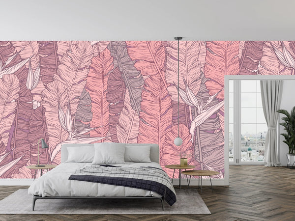 Coral Tropical Leaves Wallpaper, Seamless Pattern Mural, Oversized Custom Size Wall Art, Non - Woven, Non - Adhesive, Modern Wall Paper, Removable - Adawall Wallpaper - Registered Trade Accounts Only, Wallpaper Wholesale Account - W78061 - Adawall Wholesale - Wallpaper Wholesaler