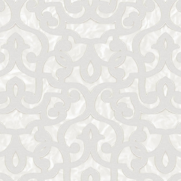 Cream Lace Trellis Wallpaper, Shiny Silver Gold Patterns Faded Colors Damask Design - Walloro High End Wallcoverings & More