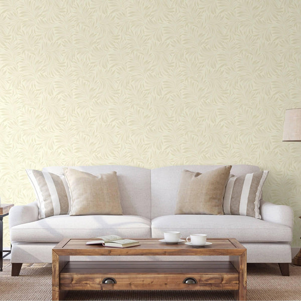 Cream Luxury Leaves Solid Color Shades Wallpaper, Deep Embossed Flocked Velvet Feeling Design - Walloro High End Wallcoverings & More