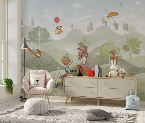 Cute Animals Wallpaper, Woodland Summer Mural, Oversized Custom Size Wall Art, Non - Woven, Non - Adhesive, Modern Wall Paper, Removable - Adawall Wallpaper - Registered Trade Accounts Only, Wallpaper Wholesale Account - W77752 - Adawall Wholesale - Wallpaper Wholesaler