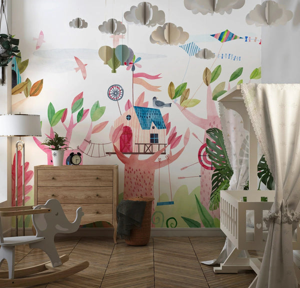 Cute Tree Houses Wallpaper, Playground Mural, Oversized Custom Size Wall Art, Non - Woven, Non - Adhesive, Modern Wall Paper, Removable - Adawall Wallpaper - Registered Trade Accounts Only, Wallpaper Wholesale Account - W77941 - Adawall Wholesale - Wallpaper Wholesaler