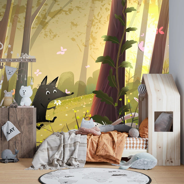 Cute Wild Forest Wallpaper, Wolf and Bunnies Mural, Oversized Custom Size Wall Art, Non - Woven, Non - Adhesive, Modern Wall Paper, Removable - Adawall Wallpaper - Registered Trade Accounts Only, Wallpaper Wholesale Account - W78113 - Adawall Wholesale - Wallpaper Wholesaler
