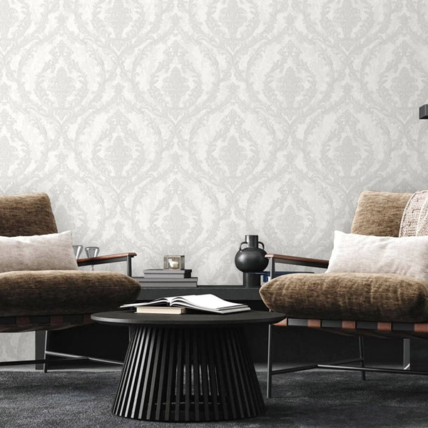 Damask Deep Embossed Wallpaper, White, Silver Luxury 3D Non-Pasted Wallcovering, Shimmering, Traditional Non-Woven Wall Decor - Walloro High End Wallcoverings & More