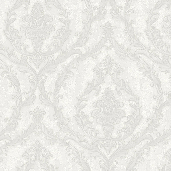 Damask Deep Embossed Wallpaper, White, Silver Luxury 3D Non-Pasted Wallcovering, Shimmering, Traditional Non-Woven Wall Decor - Walloro High End Wallcoverings & More