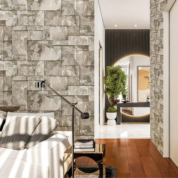 Decorative Rusted Beige, Gray Stone Metallic Wallpaper, Realistic 3D Embossed Wall Decor, Industrial Aesthetic Wallcovering - Walloro High End Wallcoverings & More