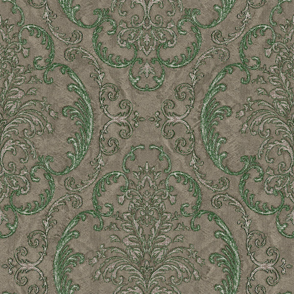 Deep Embossed Sparkling Damask Wallpaper, Stylish Brown Green Glittering Luxury Fabric Feel Vivid Colors, Home Commercial Use, Easy Clean, Water Resistant - Walloro High End Wallcoverings & More