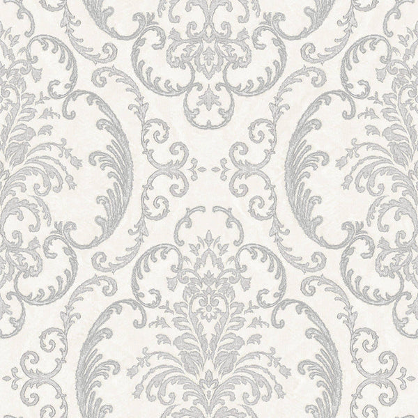 Deep Embossed Sparkling Damask Wallpaper, Stylish White Glittering Luxury Fabric Feel Vivid Colors, Home Commercial Use, Easy Clean, Water Resistant - Walloro High End Wallcoverings & More
