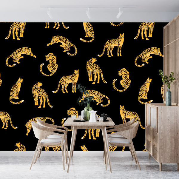 Leopards, Black Background Wallpaper, Seamless Pattern Mural, Oversized Custom Size Wall Art, Non-Woven, Non-Adhesive, Modern Wall Paper, Removable