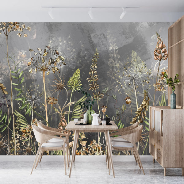 Dried Flowers Wallpaper, Grey Background Mural, Oversized Custom Size Wall Art, Non-Woven, Non-Adhesive, Modern Wall Paper, Removable