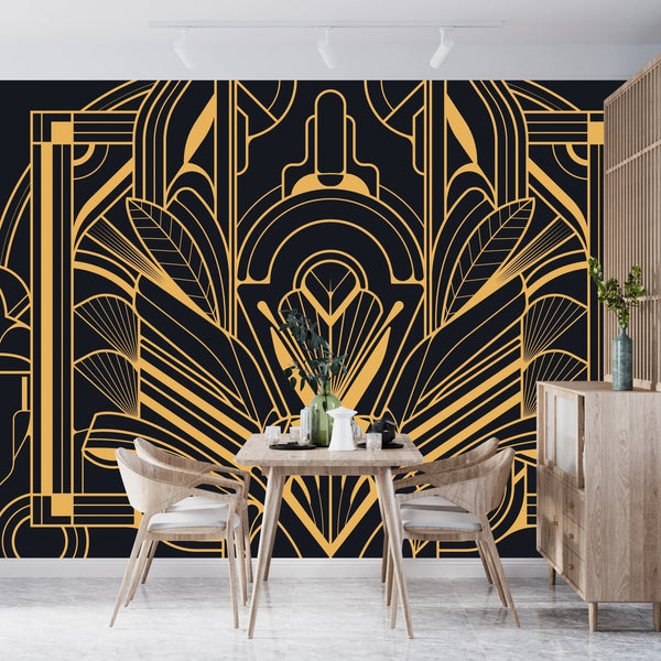 Art Deco Wallpaper, Geometric Gold Mural, Oversized Custom Size Wall Art, Non-Woven, Non-Adhesive, Modern Wall Paper, Removable