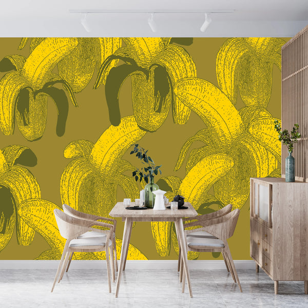 Bananas Wallpaper, Seamless Pattern Mural, Oversized Custom Size Wall Art, Non-Woven, Non-Adhesive, Modern Wall Paper, Removable
