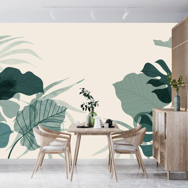 Abstract Botanical Wallpaper, Big Leaves Mural, Oversized Custom Size Wall Art, Non-Woven, Non-Adhesive, Modern Wall Paper, Removable