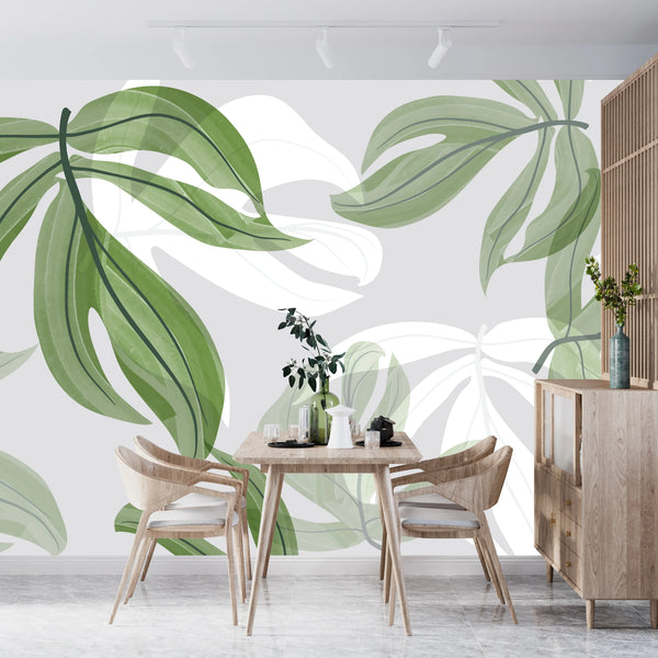 Abstract Art Wallpaper, Tropical Leaves Mural, Oversized Custom Size Wall Art, Non-Woven, Non-Adhesive, Modern Wall Paper, Removable