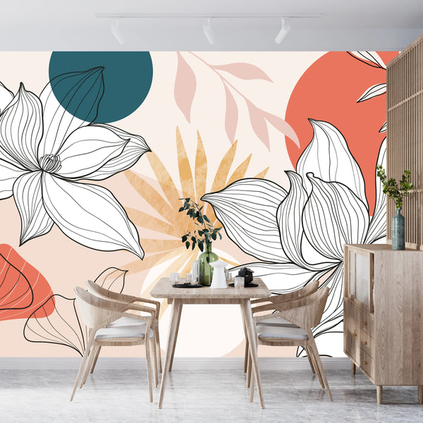 Floral and Botanical Wallpaper, Line Art Mural, Oversized Custom Size Wall Art, Non-Woven, Non-Adhesive, Modern Wall Paper, Removable