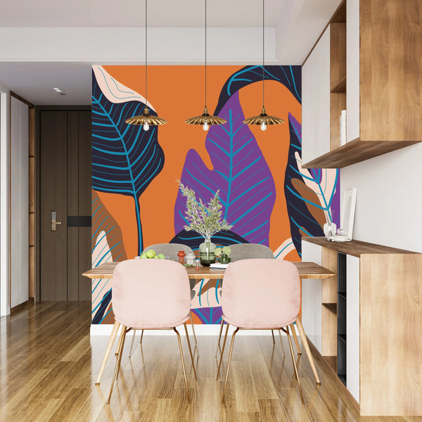 Luxury Leaf Wallpaper, Art Deco Mural, Oversized Custom Size Wall Art, Non-Woven, Non-Adhesive, Modern Wall Paper, Removable