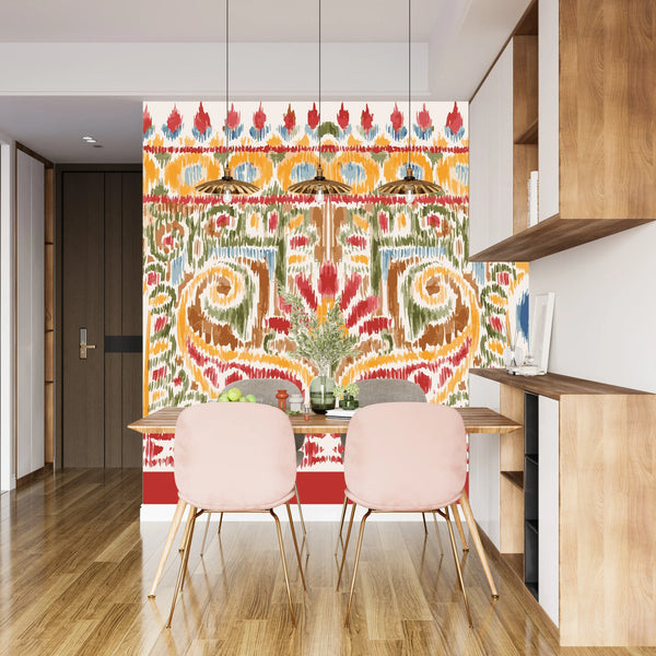 Traditional Ikat Wallpaper, Seamless Pattern Mural, Oversized Custom Size Wall Art, Non-Woven, Non-Adhesive, Modern Wall Paper, Removable