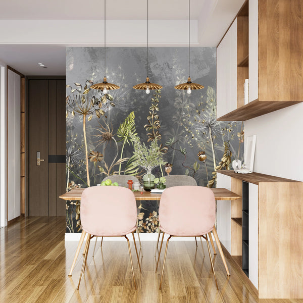 Dried Flowers Wallpaper, Grey Background Mural, Oversized Custom Size Wall Art, Non-Woven, Non-Adhesive, Modern Wall Paper, Removable