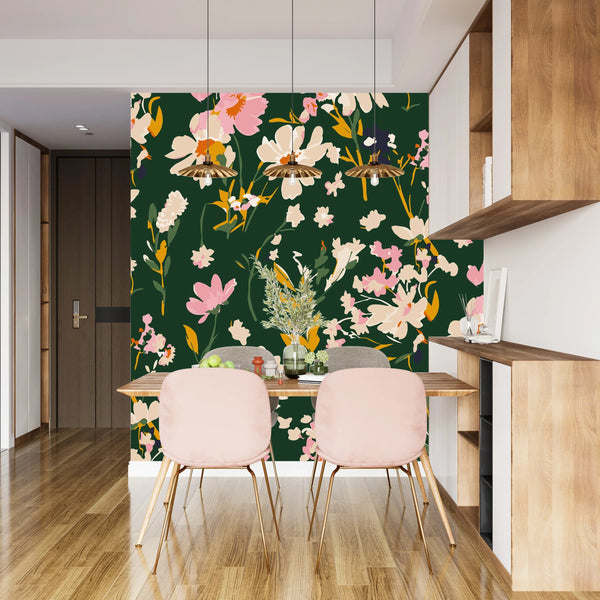 Hand Drawn Floral Wallpaper, Seamless Pattern Mural, Oversized Custom Size Wall Art, Non-Woven, Non-Adhesive, Modern Wall Paper, Removable