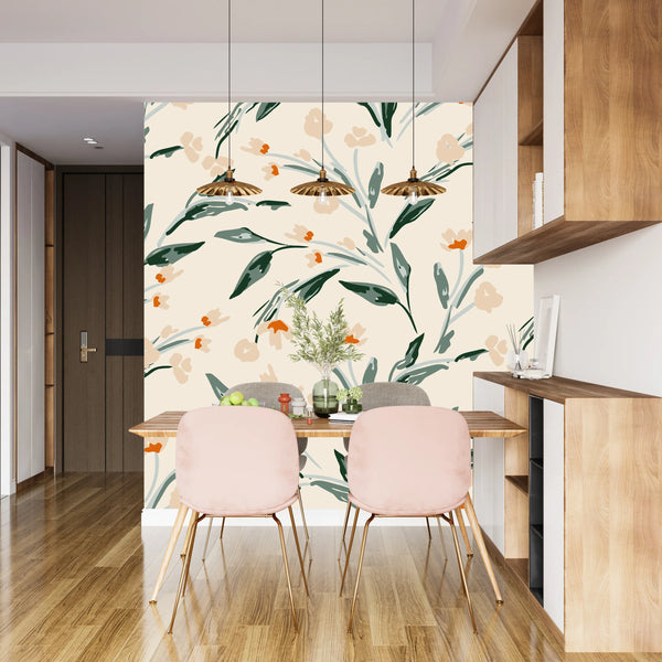 Abstract Floral, Beige Background Wallpaper, Seamless Pattern Mural, Oversized Custom Size Wall Art, Non-Woven, Non-Adhesive, Modern Wall Paper, Removable