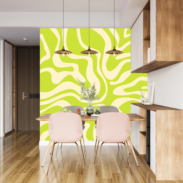 Wavy Retro Abstract Wallpaper, Green Mural, Oversized Custom Size Wall Art, Non-Woven, Non-Adhesive, Modern Wall Paper, Removable
