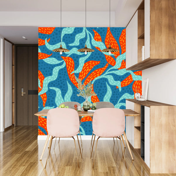 Abstract Artistic Leaves Wallpaper, Seamless Pattern Mural, Oversized Custom Size Wall Art, Non-Woven, Non-Adhesive, Modern Wall Paper, Removable