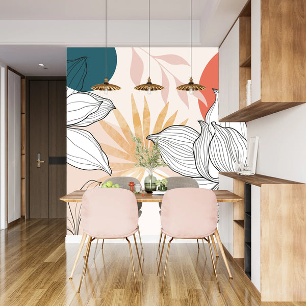 Floral and Botanical Wallpaper, Line Art Mural, Oversized Custom Size Wall Art, Non-Woven, Non-Adhesive, Modern Wall Paper, Removable