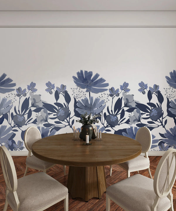 Dark Blue Floral Wallpaper, Seamless Pattern Mural, Oversized Custom Size Wall Art, Non-Woven, Non-Adhesive, Modern Wall Paper, Removable