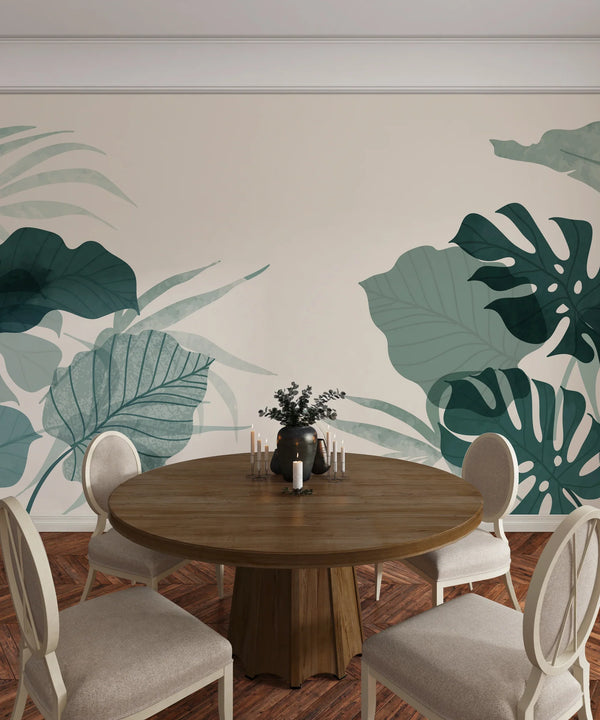 Abstract Botanical Wallpaper, Big Leaves Mural, Oversized Custom Size Wall Art, Non-Woven, Non-Adhesive, Modern Wall Paper, Removable