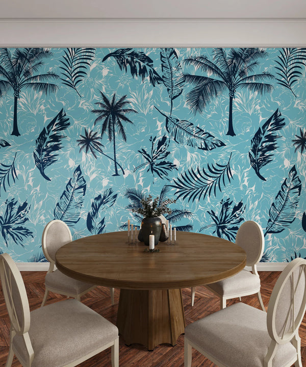Tropical Plants, Blue Background Wallpaper, Seamless Pattern Mural, Oversized Custom Size Wall Art, Non-Woven, Non-Adhesive, Modern Wall Paper, Removable