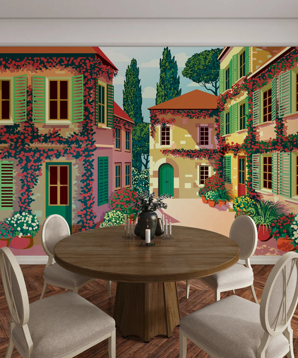 Village Square Wallpaper, Traditional Houses, Potted Flowers Mural, Oversized Custom Size Wall Art, Non-Woven, Non-Adhesive, Modern Wall Paper, Removable