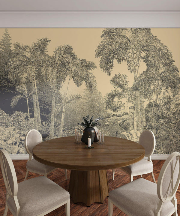 Tropical Trees Wallpaper, Foggy Forest Mural, Oversized Custom Size Wall Art, Non-Woven, Non-Adhesive, Modern Wall Paper, Removable