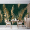 Golden Palm Leaves Wallpaper, Luxury Dark Green Art Background Mural, Oversized Custom Size Wall Art, Non-Woven, Non-Adhesive, Modern Wall Paper, Removable