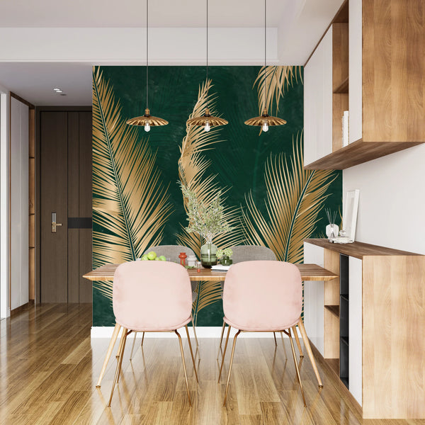 Golden Palm Leaves Wallpaper, Luxury Dark Green Art Background Mural, Oversized Custom Size Wall Art, Non-Woven, Non-Adhesive, Modern Wall Paper, Removable