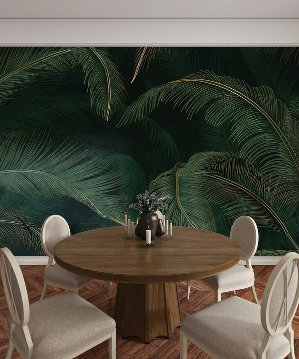Green Exotic Palm Leaves Wallpaper, Dark Luxury Art Background Mural, Oversized Custom Size Wall Art, Non-Woven, Non-Adhesive, Modern Wall Paper, Removable