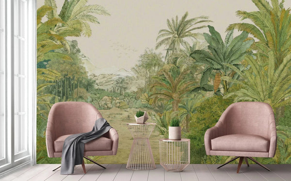 Elegant Forest Trees Green Wall Mural, Custom Wallpaper, Non - Adhesive, Washable, Extra Large, Removable, Jungle, Living Room, Cafe Shop, Commercial, Residential - Adawall Wallpaper - Registered Trade Accounts Only, Wallpaper Wholesale Account - A308-1 - Adawall Wholesale - Wallpaper Wholesaler