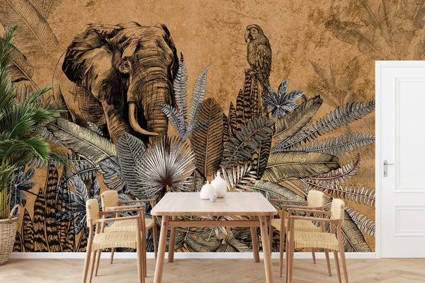 Elephant Jungle Wall Mural, Yellow Forest Animal Theme Wallpaper, Oversized Wall Art, Non - Woven, Non - Pasted, Removable, Exotic Wall Paper, Washable - Adawall Wallpaper - Registered Trade Accounts Only, Wallpaper Wholesale Account - A321-2 - Adawall Wholesale - Wallpaper Wholesaler