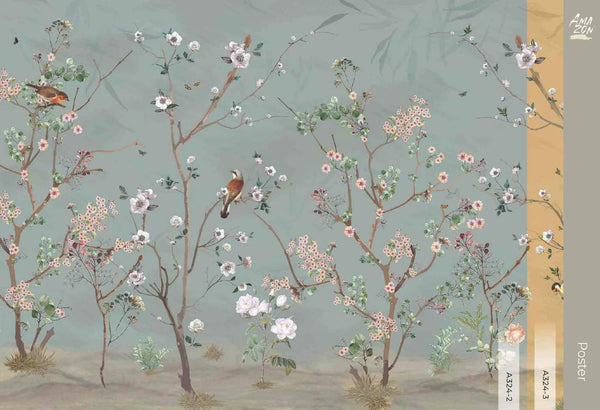 Extra Large Chinoiserie Floral Wallpaper, Birds Blossom Green Wall Mural, Custom Size, Luxury, Modern Wall Paper, Non - Pasted, Washable, Removable - Adawall Wallpaper - Registered Trade Accounts Only, Wallpaper Wholesale Account - A324-2 - Adawall Wholesale - Wallpaper Wholesaler