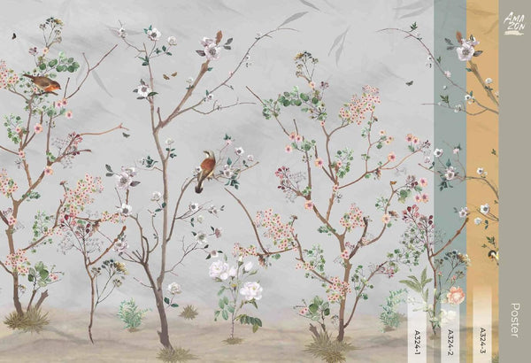 Extra Large Chinoiserie Floral Wallpaper, Birds Blossom Wall Mural, Custom Size, Luxury, Modern Wall Paper, Non - Pasted, Washable, Removable - Adawall Wallpaper - Registered Trade Accounts Only, Wallpaper Wholesale Account - A324-1 - Adawall Wholesale - Wallpaper Wholesaler