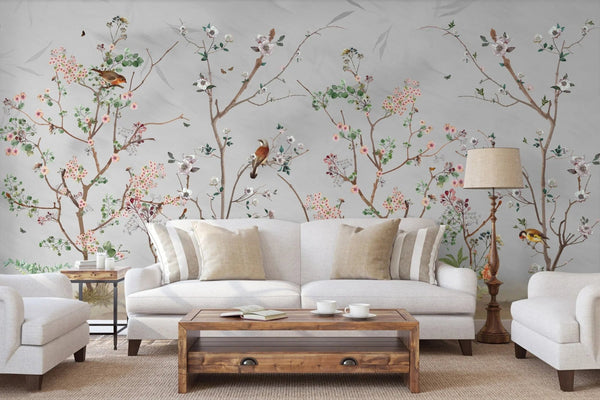 Extra Large Chinoiserie Floral Wallpaper, Birds Blossom Wall Mural, Custom Size, Luxury, Modern Wall Paper, Non - Pasted, Washable, Removable - Adawall Wallpaper - Registered Trade Accounts Only, Wallpaper Wholesale Account - A324-1 - Adawall Wholesale - Wallpaper Wholesaler