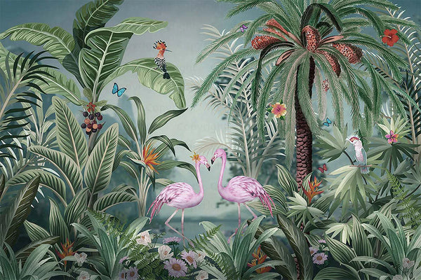 Flamingo Nature Theme Wall Mural, Dark Green Forest Wallpaper, Custom Wall Mural, Wall Poster Home Interior Decor, Non-Adhesive, Non-Woven, Washable, Removable - Walloro High End Wallcoverings & More