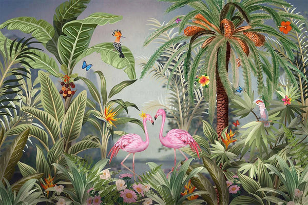 Flamingo Nature Theme Wall Mural, Green Forest Wallpaper, Custom Wall Mural, Wall Poster Home Interior Decor, Non - Adhesive, Non - Woven, Washable, Removable - Adawall Wallpaper - Registered Trade Accounts Only, Wallpaper Wholesale Account - A319-3 - Adawall Wholesale - Wallpaper Wholesaler