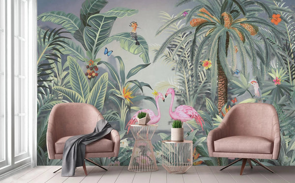 Flamingo Nature Theme Wall Mural, Light Green Forest Wallpaper, Custom Wall Mural, Wall Poster Home Interior Decor, Non - Adhesive, Non - Woven, Washable, Removable - Adawall Wallpaper - Registered Trade Accounts Only, Wallpaper Wholesale Account - A319-2 - Adawall Wholesale - Wallpaper Wholesaler