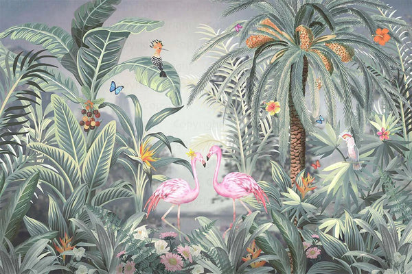 Flamingo Nature Theme Wall Mural, Light Green Forest Wallpaper, Custom Wall Mural, Wall Poster Home Interior Decor, Non - Adhesive, Non - Woven, Washable, Removable - Adawall Wallpaper - Registered Trade Accounts Only, Wallpaper Wholesale Account - A319-2 - Adawall Wholesale - Wallpaper Wholesaler